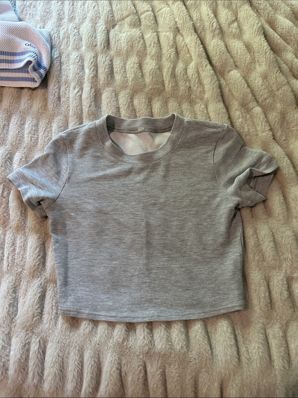Alo Yoga Women’s Waffle Knit Short Sleeve Gray Crop Top Size Small